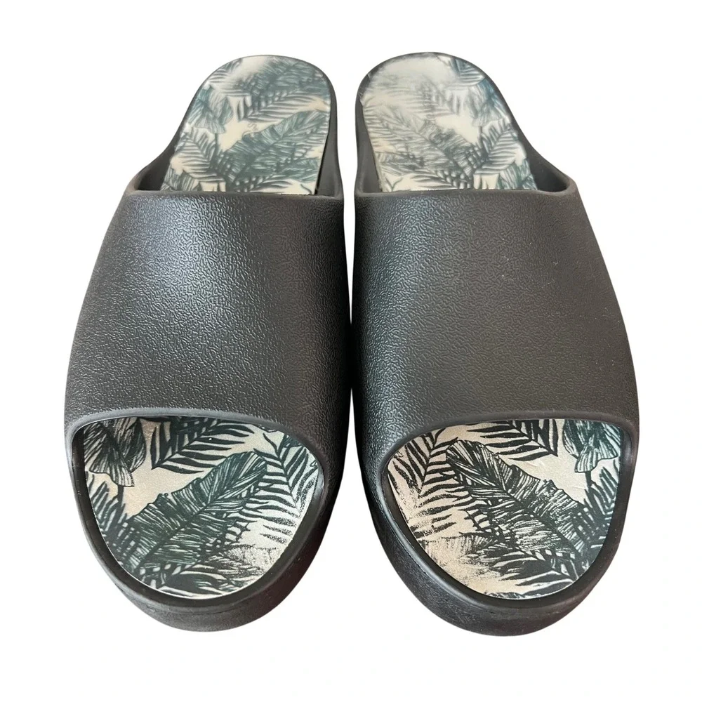 Baretraps Womens Black Platform Slide Sandals Tropical Palm Print Insole Size 10